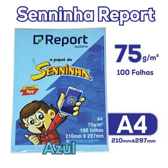 Papel Report Senninha A4 75g Azul Pacote com 100 Folhas Sulfite 210x297mm Laser e Jato de tinta