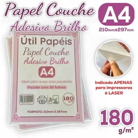 Papel Couchê Adesivo Brilho A4 180g - Pacote com 25/50 folhas Branco Liso brilhoso 210x297mm P Laser