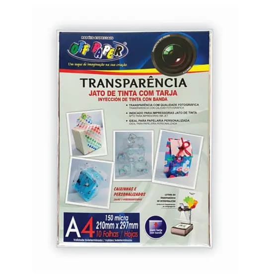 Transparência A4 Jato de tinta com Tarja - Pacote 10/20 Folhas | OffPaper 210x297mm Alta qualidade