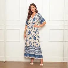 Vestido Estampado Longo Feminino Viscolinho com Decote V Manga Curta