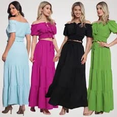 Conjunto Feminino em Tecido Duna Cropped com Bojo e Saia Longa Três Marias