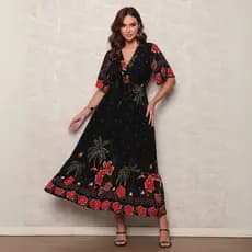 Vestido Longo Casual com Decote em V Mangas Morcego Estampa Floral Lese para Verão e Férias