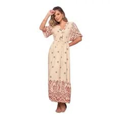 Vestido Longo Casual com Decote em V, Mangas Morcego Estampa Floral Lese para Férias No Campo