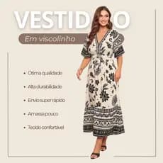Vestido Longo Feminino Estampado Penol Tecido Viscolinho Verão Elegante Tamanho Único