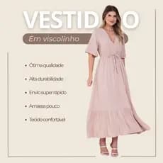 Vestido Longo Feminino Boho Chic Decote V Maxi em Viscolinho Estampa Floral ou Liso