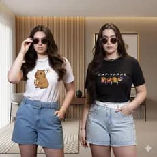 Kit 2 Camisa Camiseta Feminina Estampada Capivara 100% Algodão T-Shirt Estilosa Promoção Envio Imediato