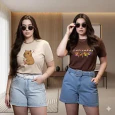 Kit 2 Camiseta Estilosa Estampada Capivara T-Shirt Feminina Tendência 100% Algodão Envio Imediato