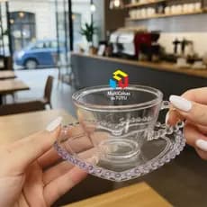 Café - 50 Xícaras e 50 Pires Acrílico Ideal para seu café ou chá da tarde com Alça Decorada