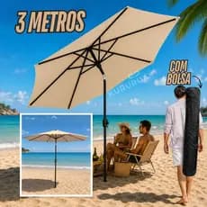 Guarda Sol Ombrelone 3 Metros Madeira Gigante Praia Piscina Jardim Sombreiro Bege Verde Branco