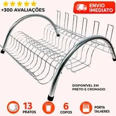 Escorredor de Louça Cromado e Preto 13 Pratos e 6 Copos + Talheres Cozinha Organizada - Madefer Inox