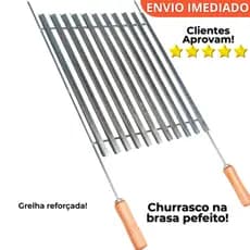Grelha Parrilla Cromada para Churrasco com Cabo de Madeira – Reforçada