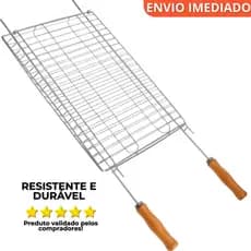 Grelha Dupla de Churrasco Cabo de Madeira – Alta Durabilidade, Fácil de Limpar, P/ Churrasqueiras