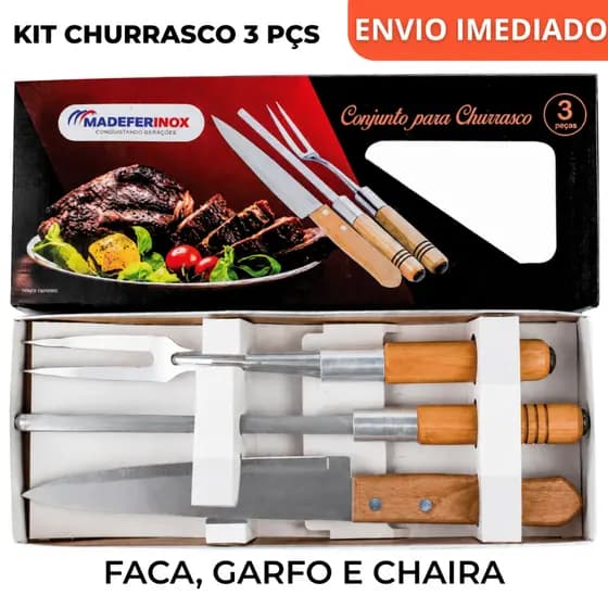 Kit Churrasco 3 Peças – Faca, Garfo e Chaira com Cabo de Madeira, Qualidade para Churrasco