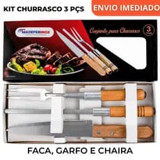 Kit Churrasco 3 Peças – Faca, Garfo e Chaira com Cabo de Madeira, Qualidade para Churrasco