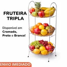 Fruteira Tripla de Chão - Cromado, Preto ou Branco - Organizador de Cozinha Moderna