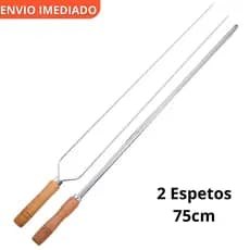 Kit com 2 Espetos 75cm Simples e Duplo Cabo Madeira Reforçado Churrasco