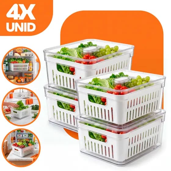 Kit 4 Organizadores de Geladeira e Armário 3,5L Cestos Acrílico Plástico Transparente para Cozinha, Frutas, Verduras