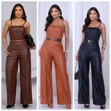 MACACÃO FEMININO LONGO EM COURO FAKE PANTALONA PREMIUM