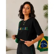Camiseta Cropped Oversized Feminino Brasil Estampado Algodão
