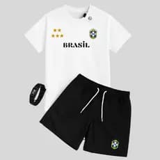 Kit Camiseta Masculina + Short Tactel Estampa Brasil 100% Algodão