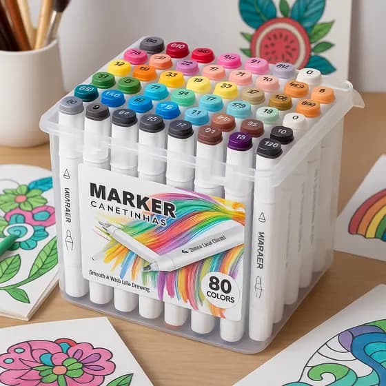 Kit 80 Canetas Marcadores Álcool Ponta Dupla Profissional Com Maleta Organizador