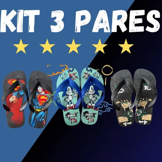 Kit 3 Pares de Chinelo Infantil Masculino Menino Personagens Mais Vendidos