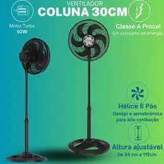 Ventilador De Coluna pedestal Turbo 6 Pás 30cm Preto Ventisol Oscilante 127v 220v
