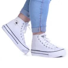 Tenis Feminino Cano Alto Plataforma Sola Alta School Branco e Preto Couro ENVIO IMEDIATO!!