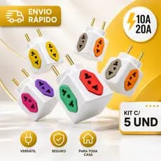 Adaptador de Tomada Benjamin 10A/20A CUBO Pino Maciço Resistente 4 Tomadas Coloridas