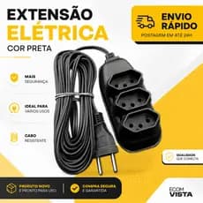 Extensão Elétrica Branca e Preta 10 Metros Bivolt 110/220 10A TomadaPreta Resistente Compacta