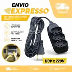 Extensão Elétrica Tripolar 10A Bivolt Preta (2M, 3M, 5M e 10M)