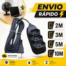 Extensão Elétrica Preta Tripolar 10A Bivolt 2,3,5,10 Metros