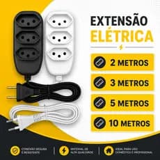 Extensão elétrica 2, 3, 5 e 10 Metros Tomadas Compacta Vários Tamanhos Preta Resistente Durável