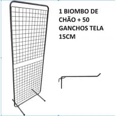 Biombo De Chão Expositor Aramado + 50 Ganchos De 15cm - PRETO e BRANCO