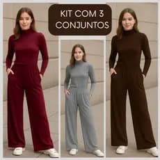 Unidade ou kit com 3 Conjunto Feminino em Malha Viscolycra Calça Pantalona e Blusa Feminina Manga Longa Gola Alta