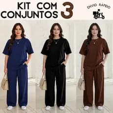 Kit com 3 conjunto Camiseta feminina modelo over e Calça pantalona.