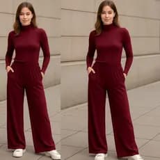 Conjunto Pantalona Feminina Viscolycra Com Bolso e Elástico na Cintura Blusa Gola Alta