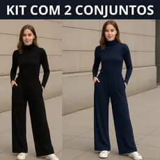 Kit com 2 Conjunto Viscolycra Pantalona e Blusa Feminina Estilosa Gola Alta Manga Longa Cacharrel