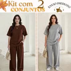 KIT COM 2 CONJUNTOS DE CALÇA MODELO PANTALONA E CAMISETA OVER FEMININA