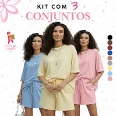 Kit com 3 Conjuntos Femininos de Viscolycra Camiseta Modelo Oversized e Shorts com Bolsos