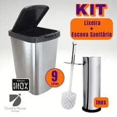 Kit Lixeira 9 Litros e Escova Sanitária Inox Multiuso Casa Banheiro Cozinha