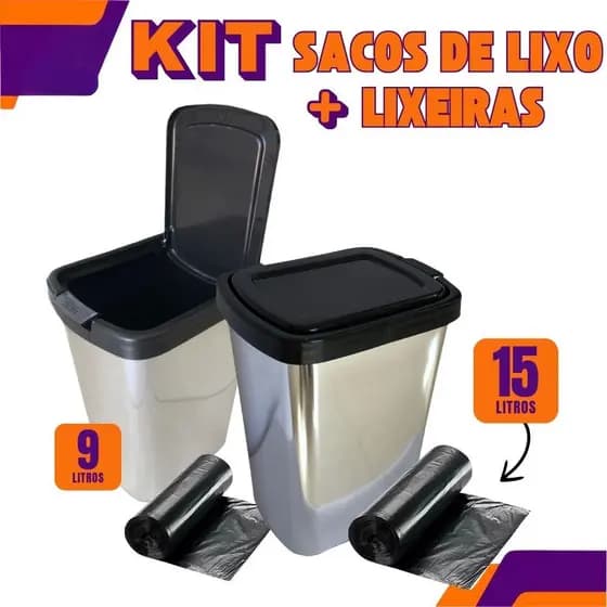 KIT Lixeiras de Pia Cozinha Banheiro Inox em Adesivo 9 Litros Pequena + Sacos de Lixo 15 Litros 20 Unidades