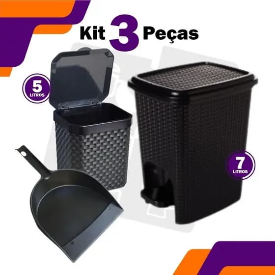 Kit Lixeira 7 Litros + Lixeira Pia 5 Litros + Pá para Lixo Plástico Casa Cozinha Multiuso
