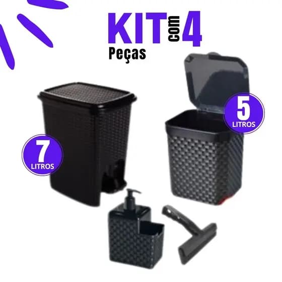 Kit Lixeira Pia 5 Litros + Lixeira 7 Litros c/ Pedal + Porta Detergente Sabão + Rodinho de Pia Kit C