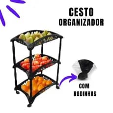 Organizador Vertical Triplo Fruteira Preto 3 Andares Cestos Com Rodinhas
