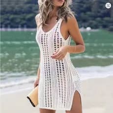 Saída de Praia Crochê Vazada Branca Alcinha Decote V Moda Gringa Verão