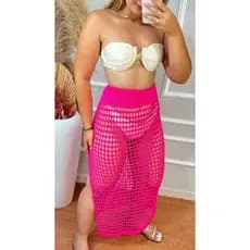 Saia Longa Saída de Praia em Tricot Ponto Crochê com Fenda na Lateral Moda Verão Elegante