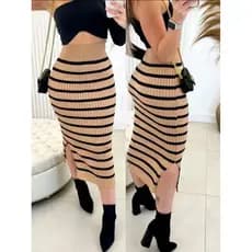 Saia Midi Feminina Tricot Trico com Listras Lançamento Moda Blogueira  Tendência Moda Evangelica