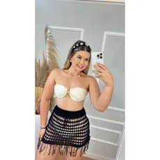 Saia Saída de Praia Banho Curta de Tricot Ponto Crochê com Franja e Cordão Piscina Moda Verão
