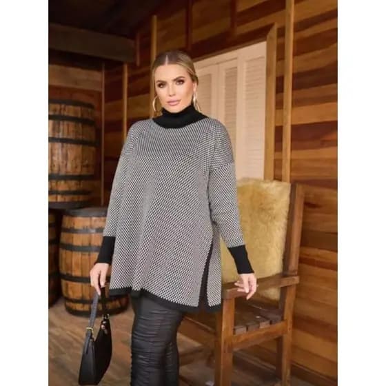 Poncho De Tricot Vestido feminino Estilosa quadriculado Inverno Fenda Lateral